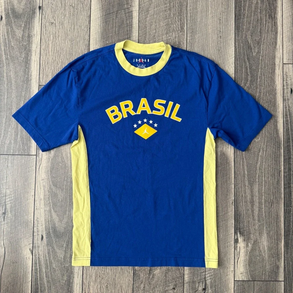 Jordan Brasil Ringer T-Shirt Mens XS Blue Yellow Graphic Soccer Jumpman Football
